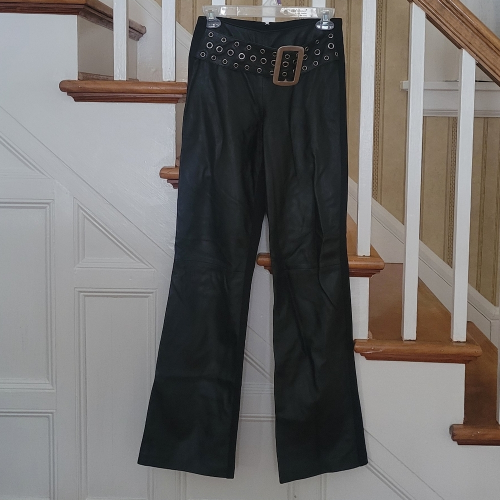 ISABEL U.S.A Vintage Chic Black Genuine Leather Flare Wide Leg Pants Size 2 - Picture 1 of 9